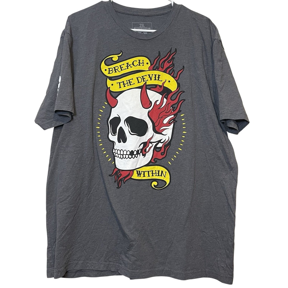 Zero Foxtrot Mens T-shirt 2XL Gray Breach The Devil Within Skull Flames